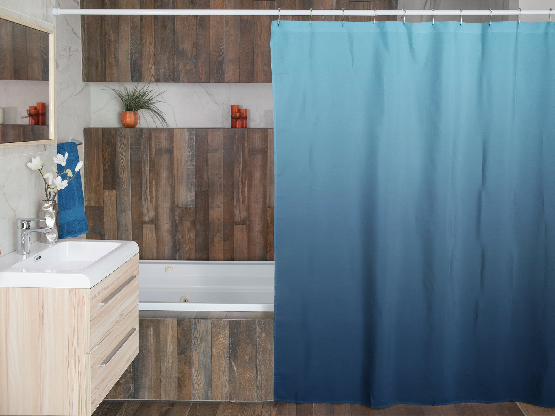 Ombre Dip Dye Shower Curtain, Blue Bathroom Shower Decor, Soft Gradient Bathroom Accessory