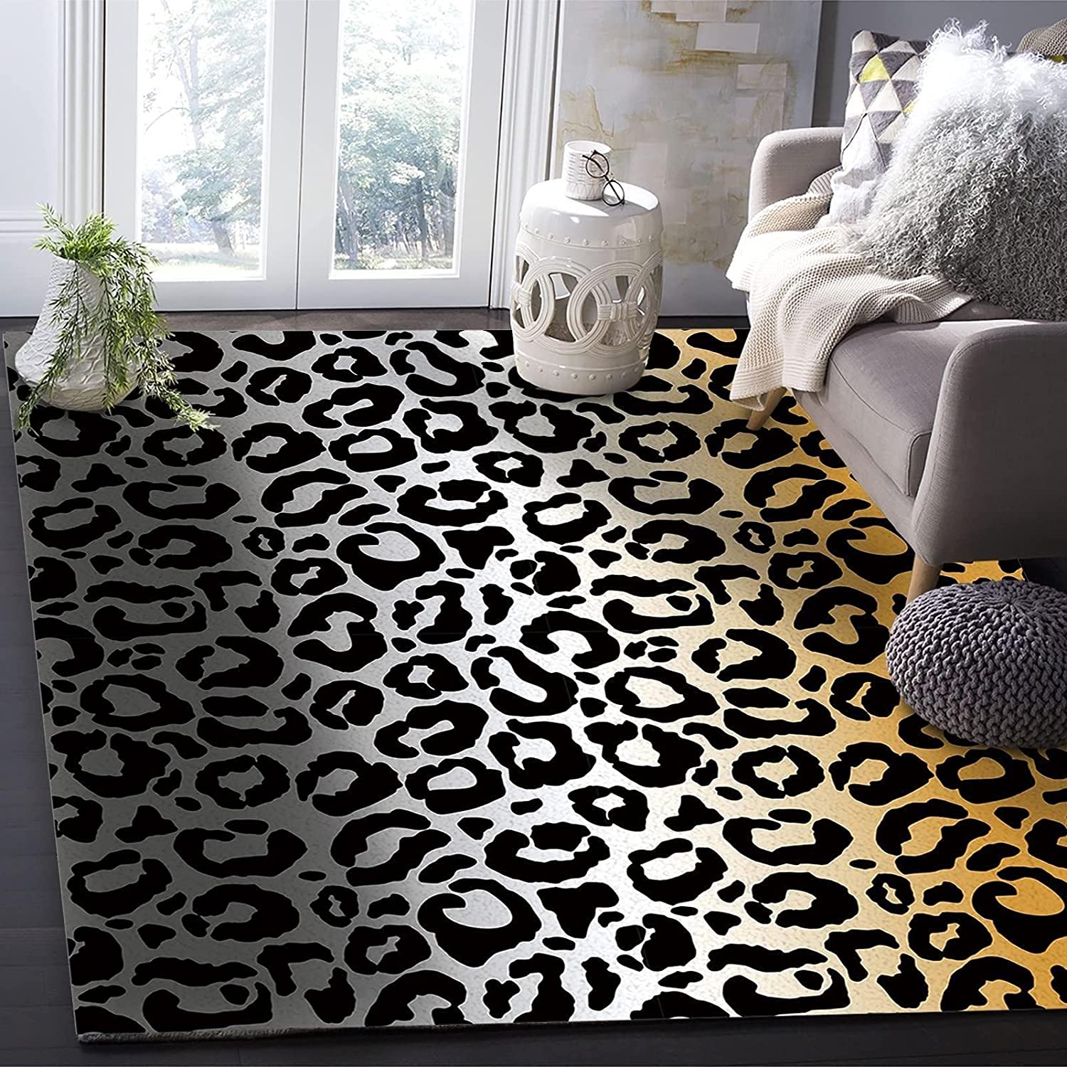 Ombre Leopard Print Kids Rugs, Animal Skin Yellow Gray Thick Soft Plush Area Rugs with Large 70s Feel