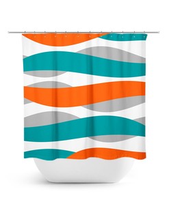 Orange Abstract Ribbon Shower Curtain with Teal Touch and Abstract Waves, Perfect for Modern and Stylish Bathroom
