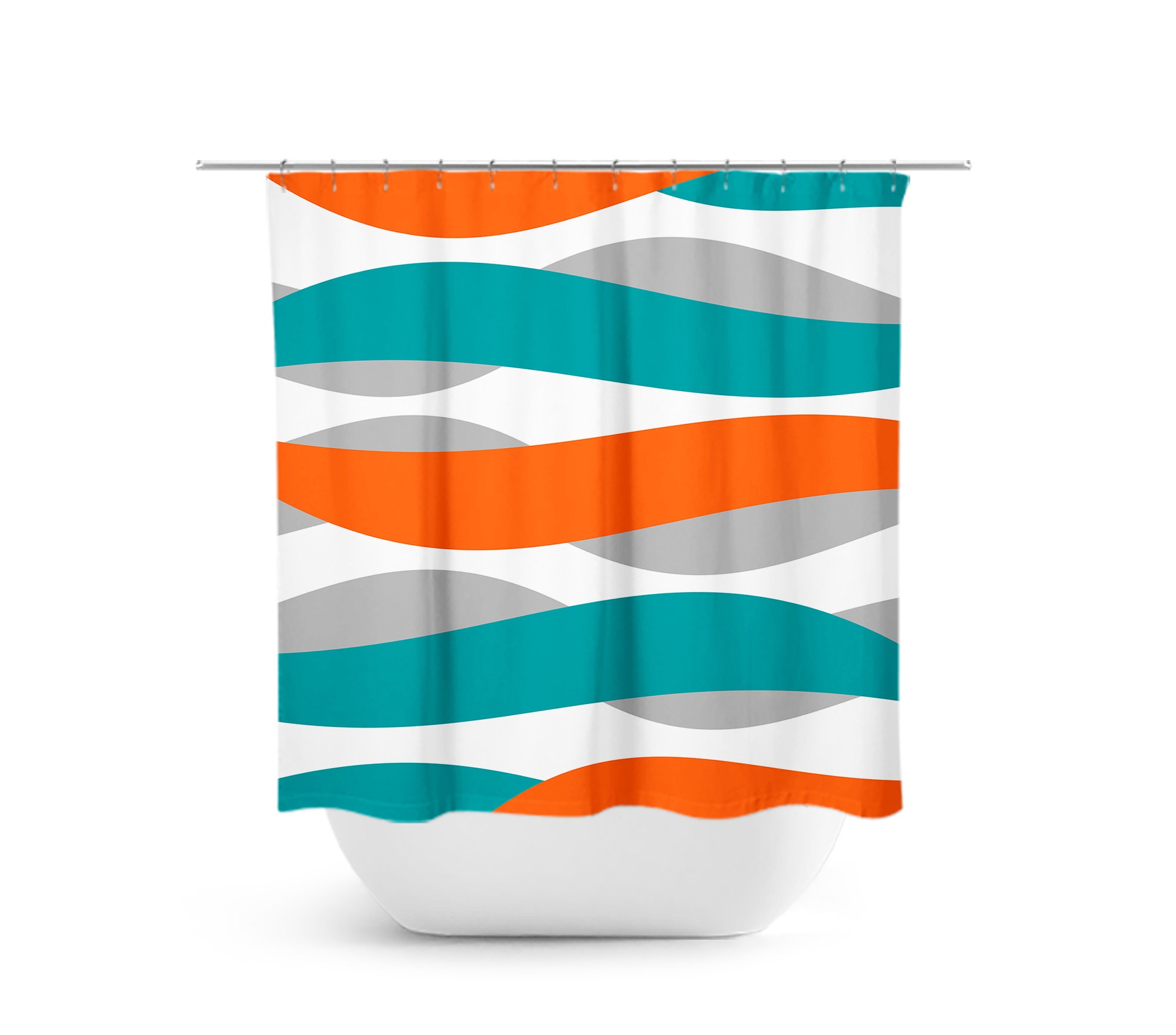Orange Abstract Ribbon Shower Curtain with Teal Touch and Abstract Waves, Perfect for Modern and Stylish Bathroom
