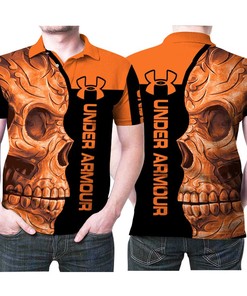 Orange Flower Patterned Skull 3D All Over Print Polo Shirt for Men