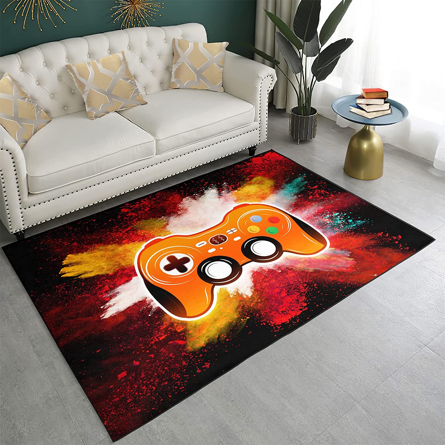 Orange Gamer Rug with Small Size Controller Gamepad Pattern - Boys Video Games Area Rugs for Living Gamer