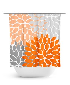 Orange & Gray Vintage Shower Curtain, Fabric Bath Curtain for Girls Bathroom in Modern Orange Bathroom Theme