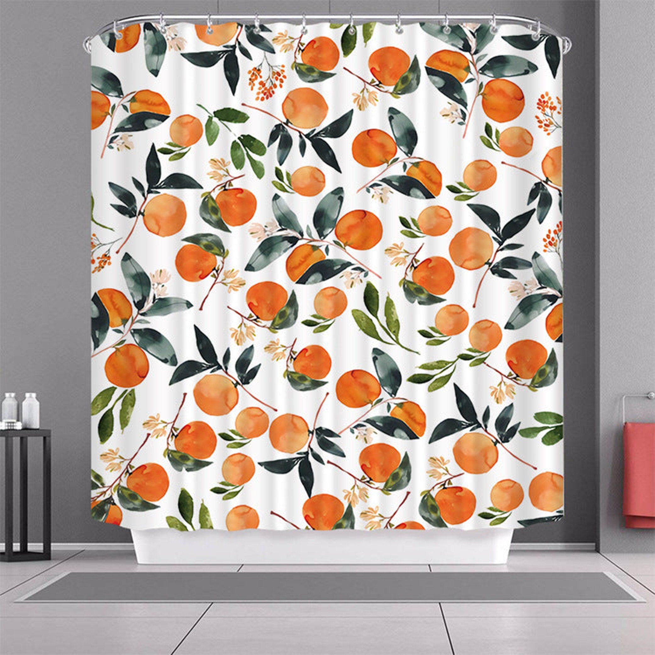 Orange Lemonade Orchard Shower Curtain | Summer Fruit Bath Decor, Green Leaves Watercolor