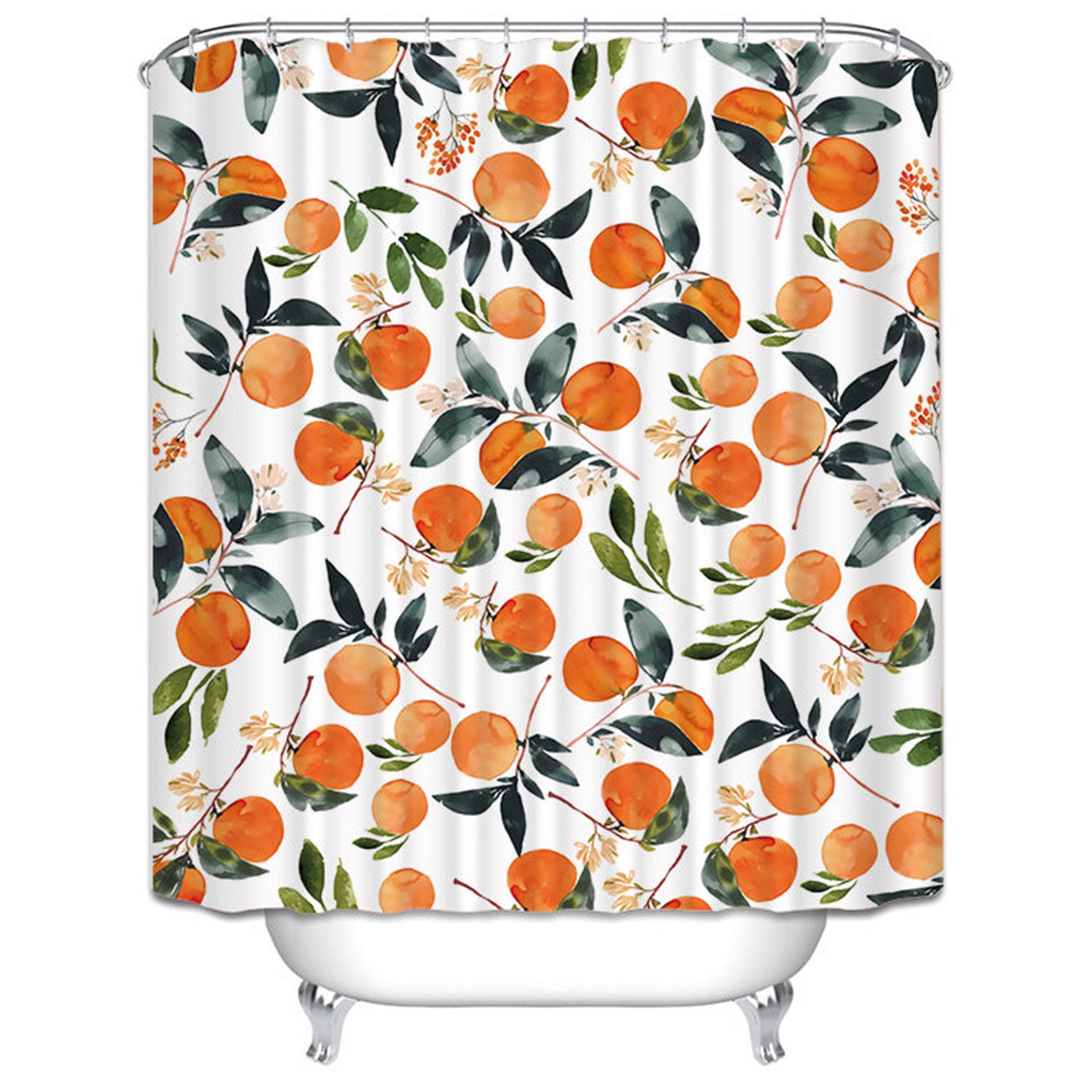 Orange Lemonade Orchard Shower Curtain | Summer Fruit Bath Decor, Green Leaves Watercolor - Image 2
