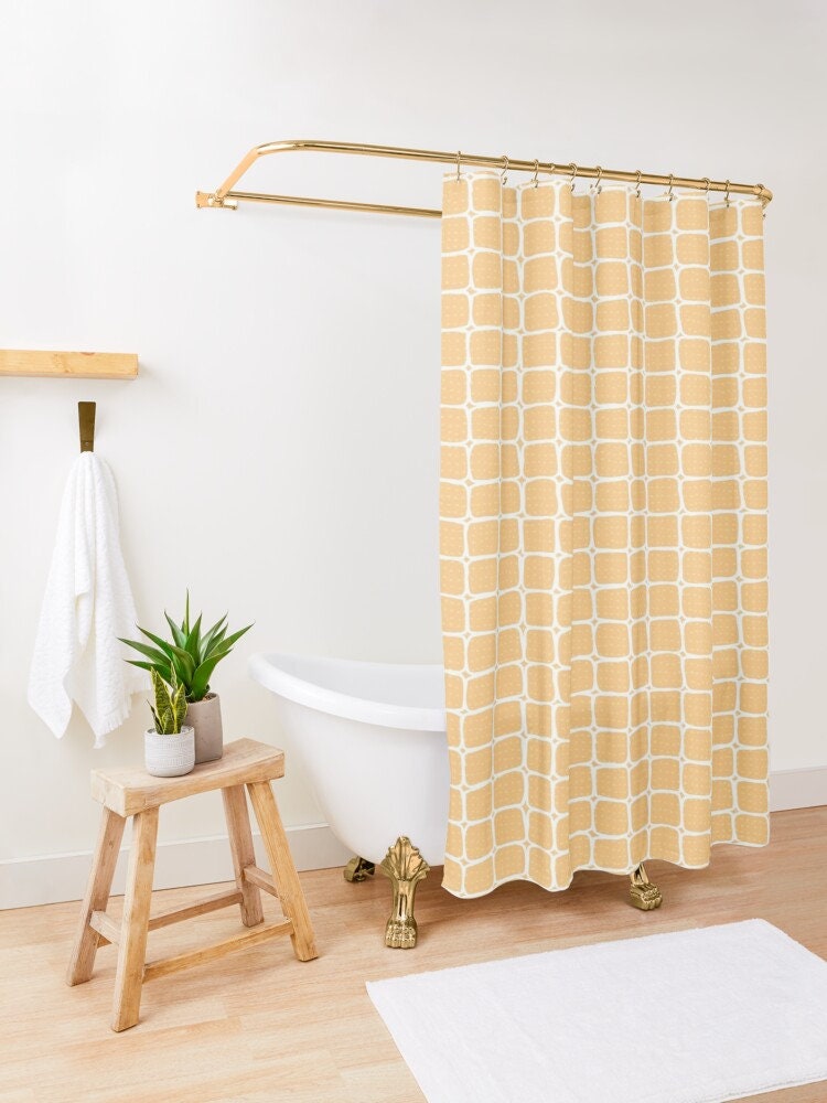 Orange Squares Abstract Shower Curtain Modern Eco-Friendly Material with Waterproof Design and Hooks for Decoration - Image 2