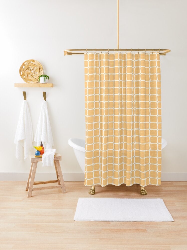 Orange Squares Abstract Shower Curtain Modern Eco-Friendly Material with Waterproof Design and Hooks for Decoration - Image 4