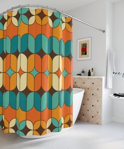 Orange, Teal, and Cream Mid Century Modern Retro Shower Curtain with Geometric Accents