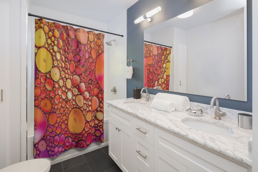 Orange & Yellow Water Droplets Shower Curtain | Modern Bathroom Decor | Raindrop Design | Luxury Shower Curtains - Image 2