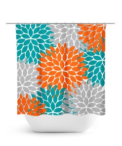 Orange and Teal Floral Shower Curtain, Unique Aqua and Orange Bath Curtain for Girls Bathroom Decor