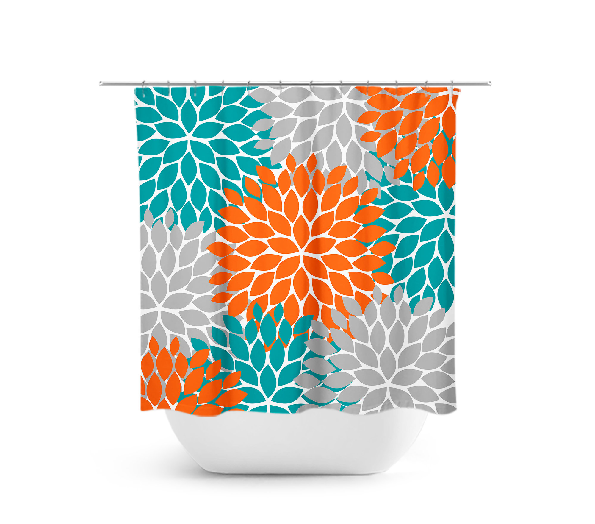 Orange and Teal Floral Shower Curtain, Unique Aqua and Orange Bath Curtain for Girls Bathroom Decor