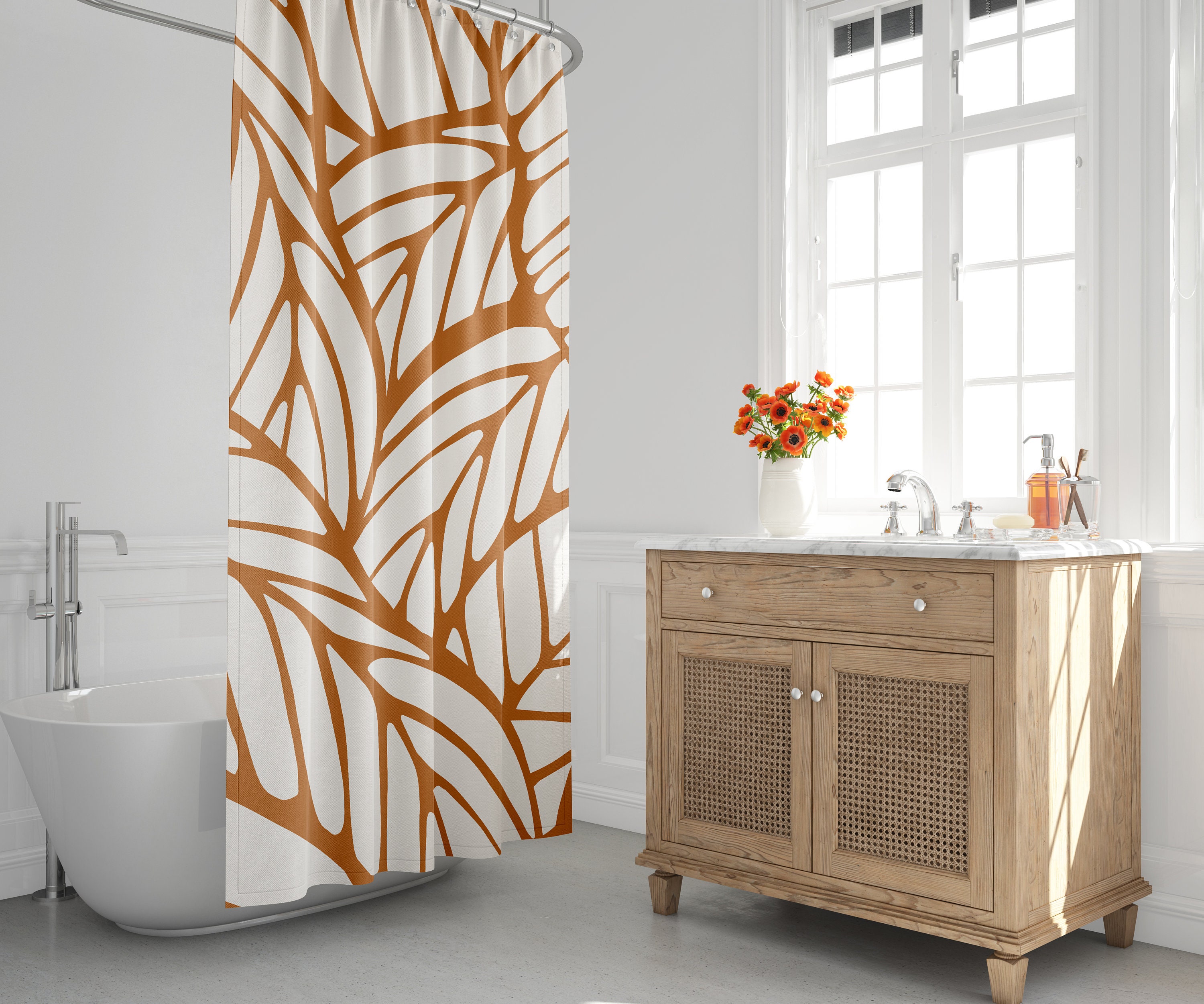 Orange and Tropical Botanical Leaf Shower Curtain - Minimalist Abstract Design for Contemporary Bathroom Decor