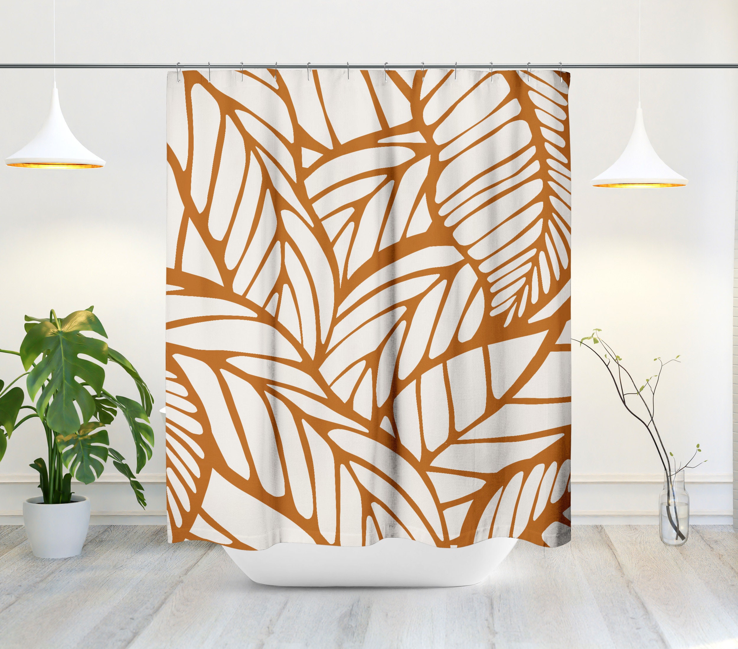 Orange and Tropical Botanical Leaf Shower Curtain - Minimalist Abstract Design for Contemporary Bathroom Decor - Image 2