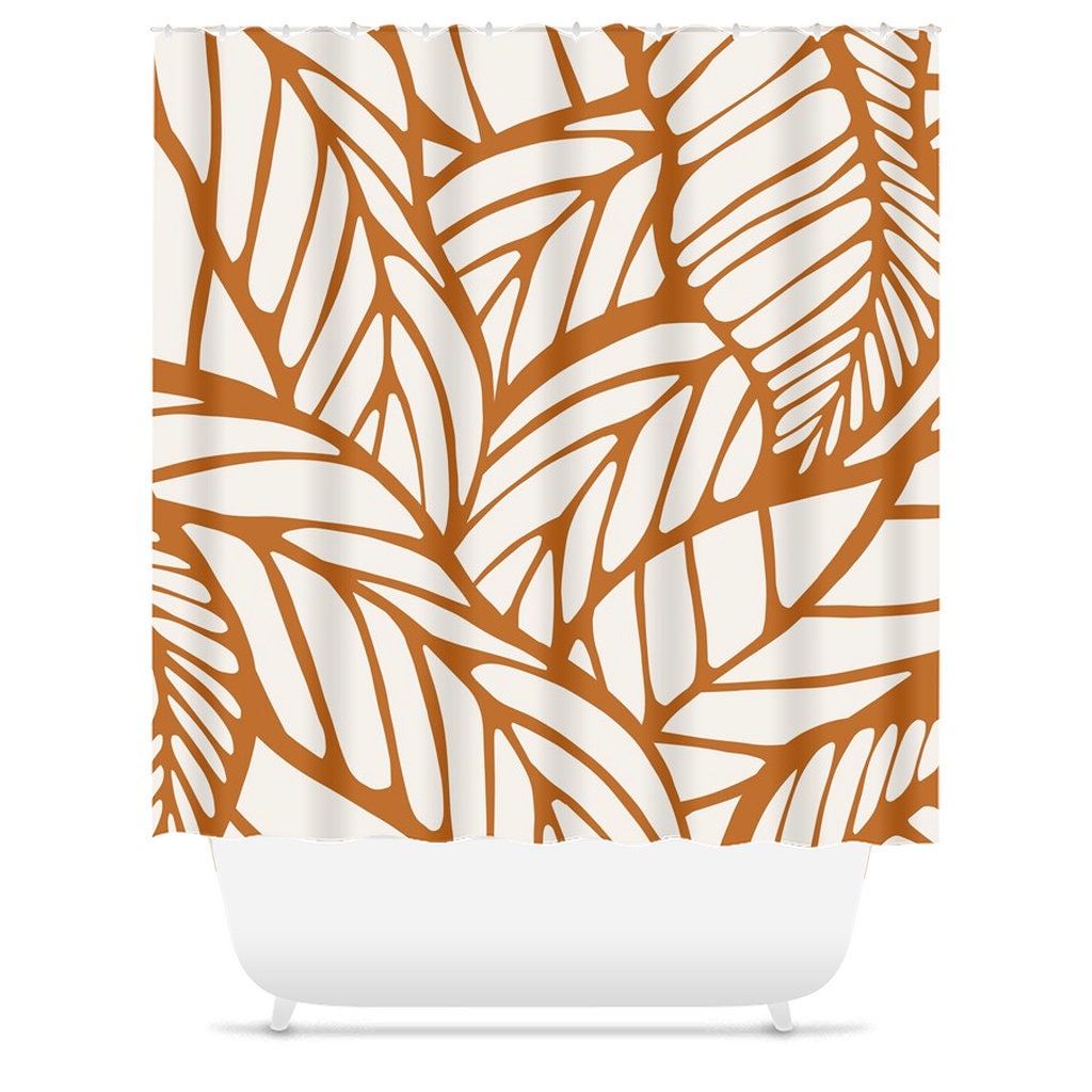 Orange and Tropical Botanical Leaf Shower Curtain - Minimalist Abstract Design for Contemporary Bathroom Decor - Image 3