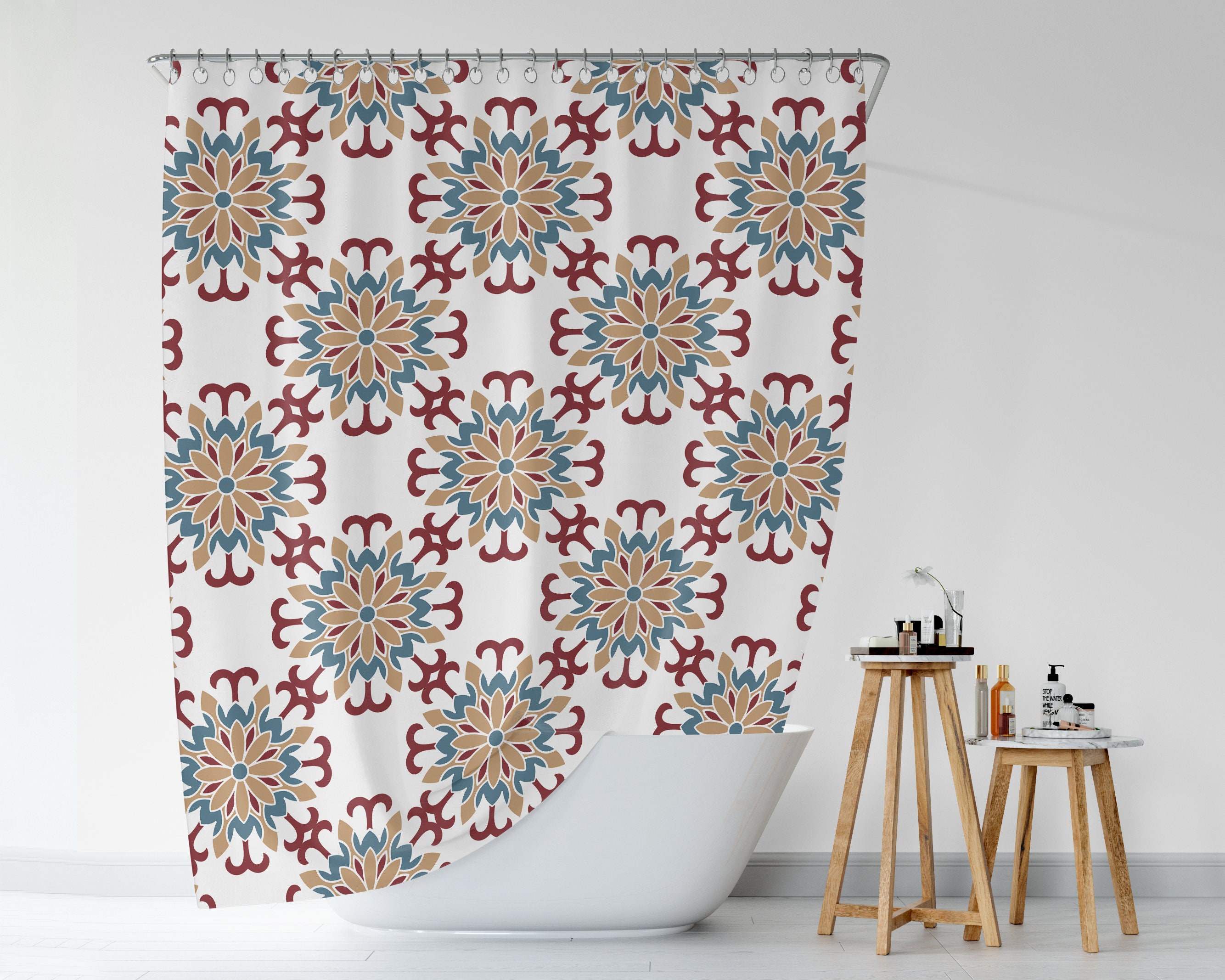 Oriental Mandala Shower Curtain, Ethnic Fabric Boho Bath Bath Print, Bathroom Decor Gift, Zen Home Design