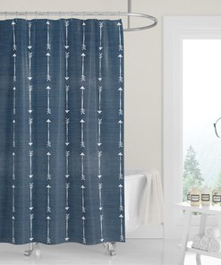 Original Dark Blue Denim Shower Curtain with White Arrows for a Classic Country Western Bathroom