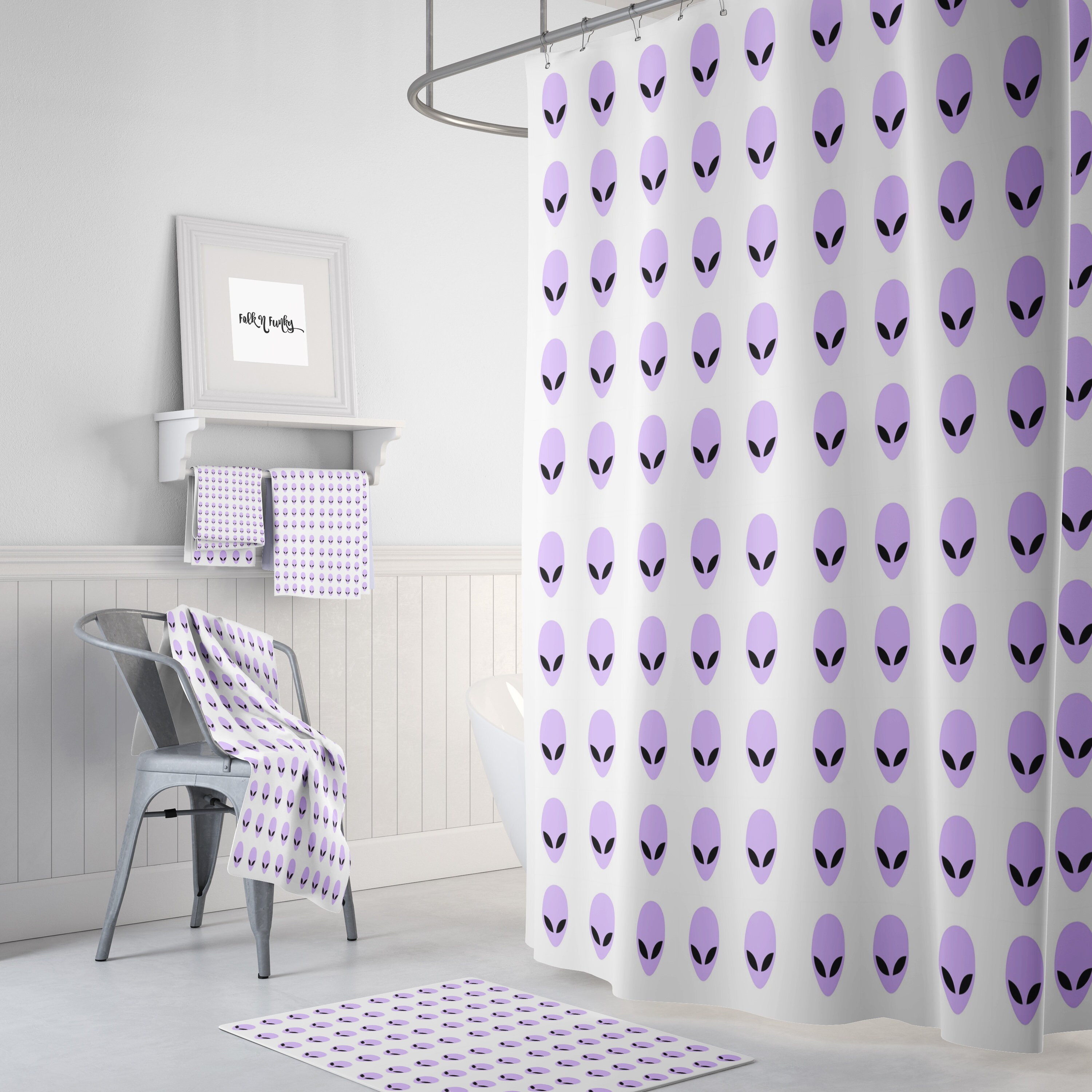 Out of This World Alien Shower Curtain with Purple and White Bathroom Decor