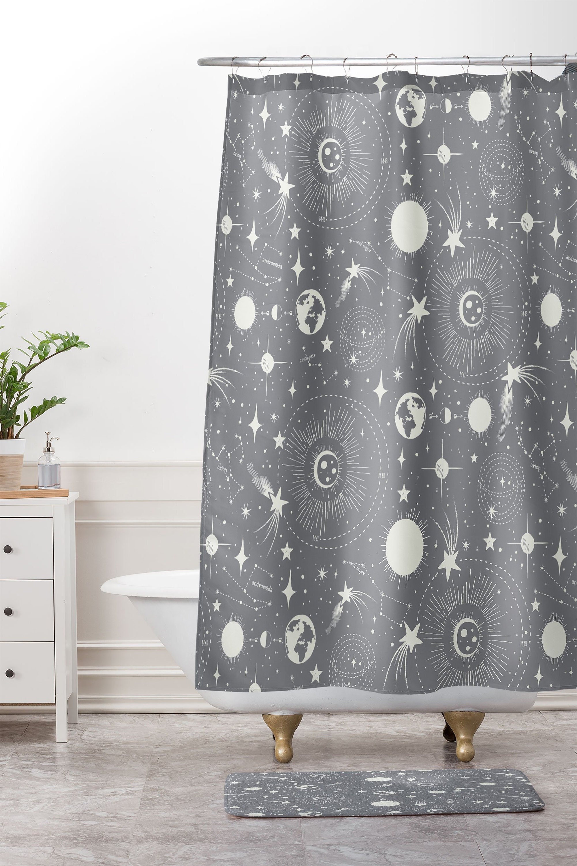 Outer Space Gray Shower Curtain with Constellations Design for a Simple Bathroom Decor