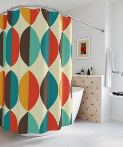 Ovals Beige, Teal, and Burnt Orange MCM Geometric Mid Century Modern Retro Shower Curtain