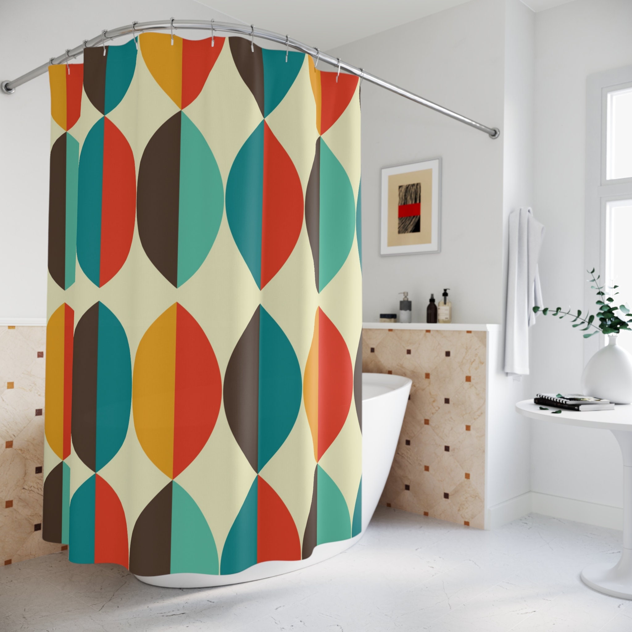 Ovals Beige, Teal, and Burnt Orange MCM Geometric Mid Century Modern Retro Shower Curtain