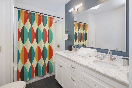 Ovals Beige, Teal, and Burnt Orange MCM Geometric Mid Century Modern Retro Shower Curtain - Image 2