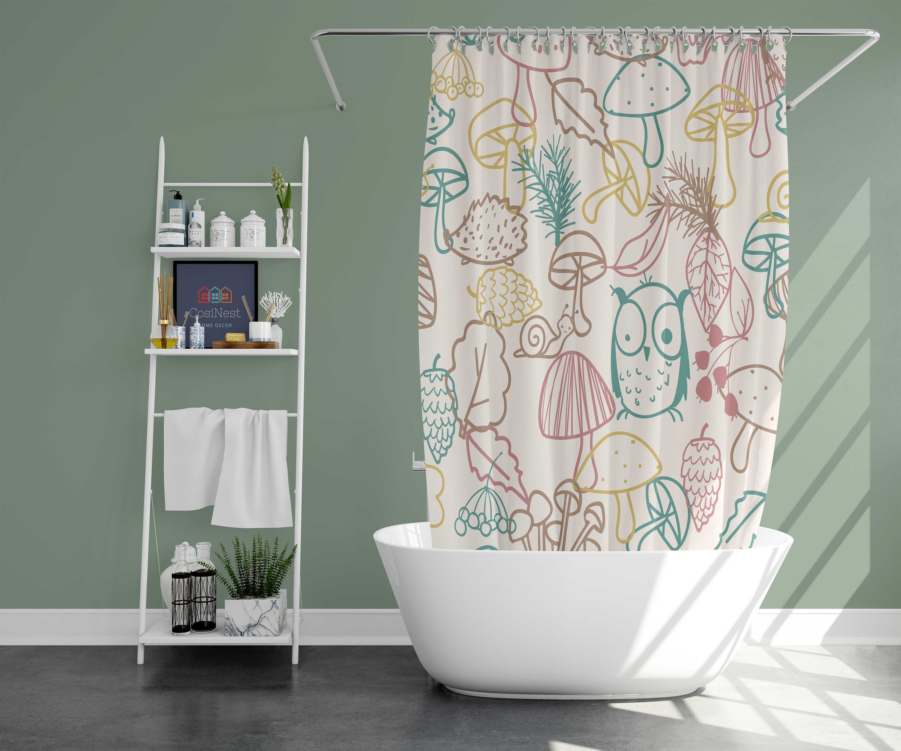 Owl and Mushroom Shower Curtain | Forest Leaves Snail, Kids Children Bathroom Decor Home Bath Decor | Housewarming Gift - Image 2
