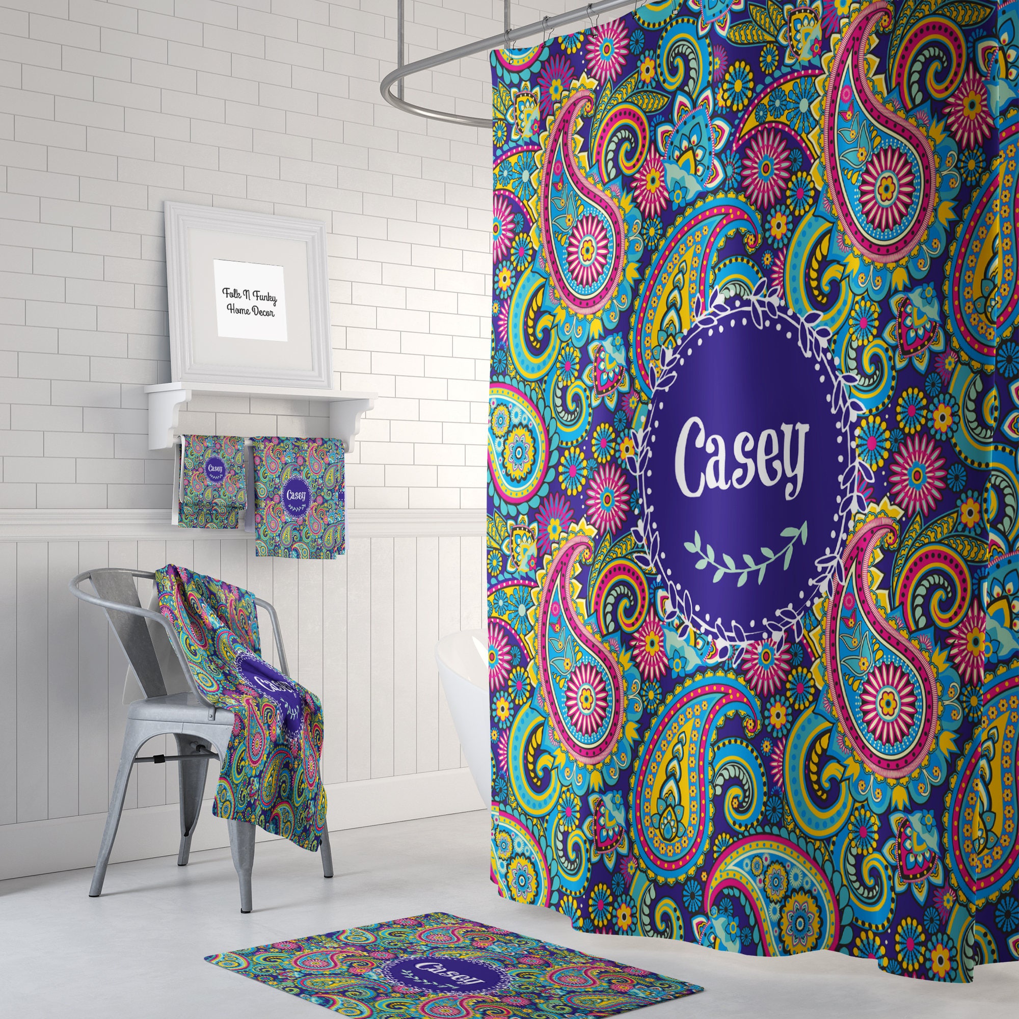 Paisley Monogram Custom Shower Curtain, Personalized Bath Mat and Towels Included for Best Shower Curtains Decor