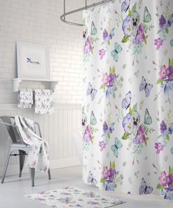 Pansy and Butterfly Floral Shower Curtain Set with Towels and Mat