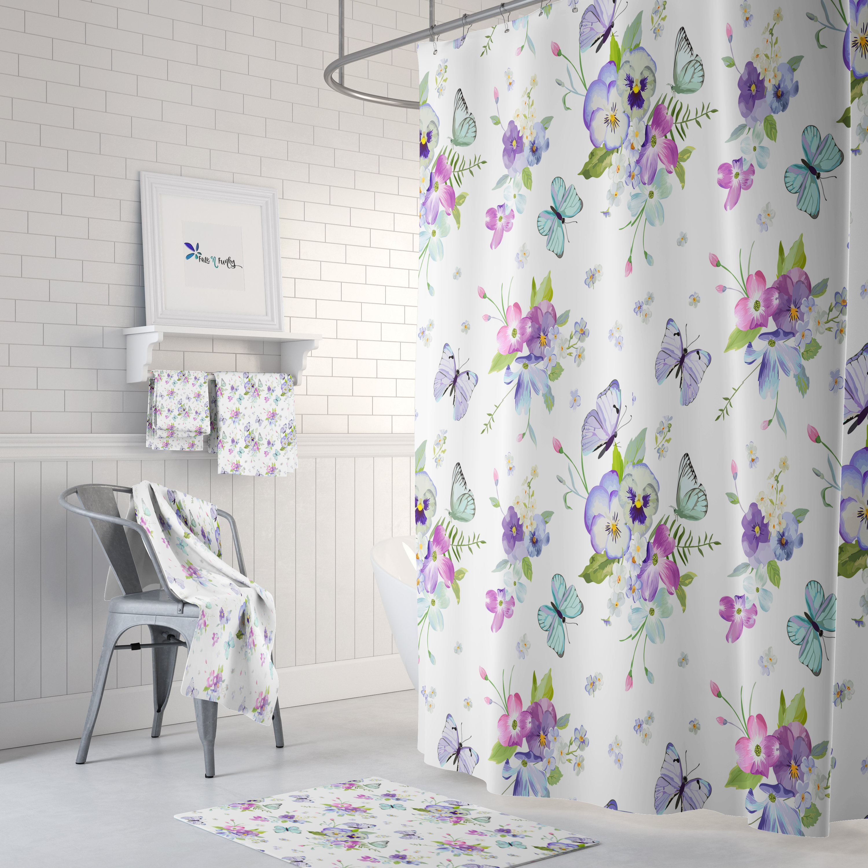 Pansy and Butterfly Floral Shower Curtain Set with Towels and Mat