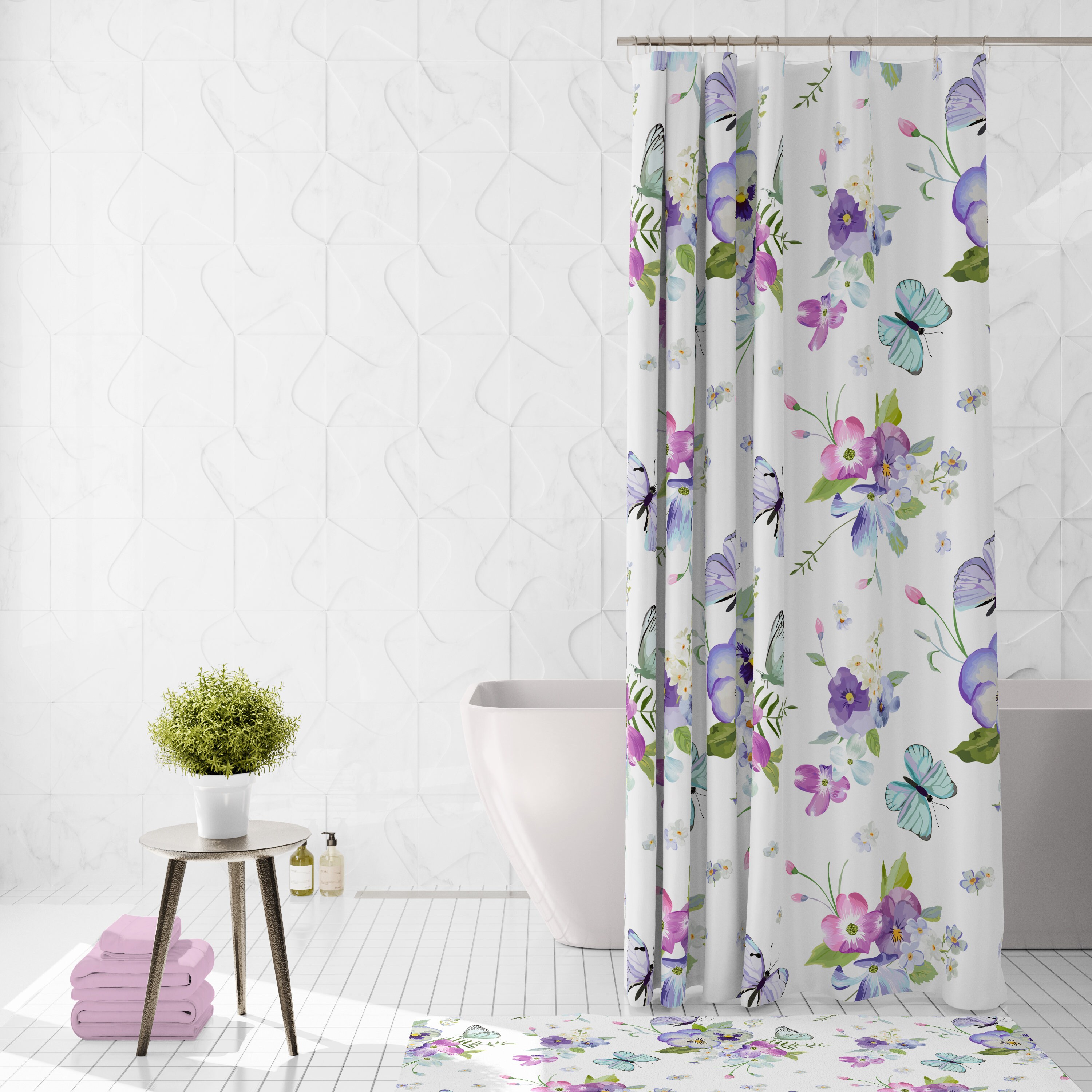 Pansy and Butterfly Floral Shower Curtain Set with Towels and Mat - Image 2
