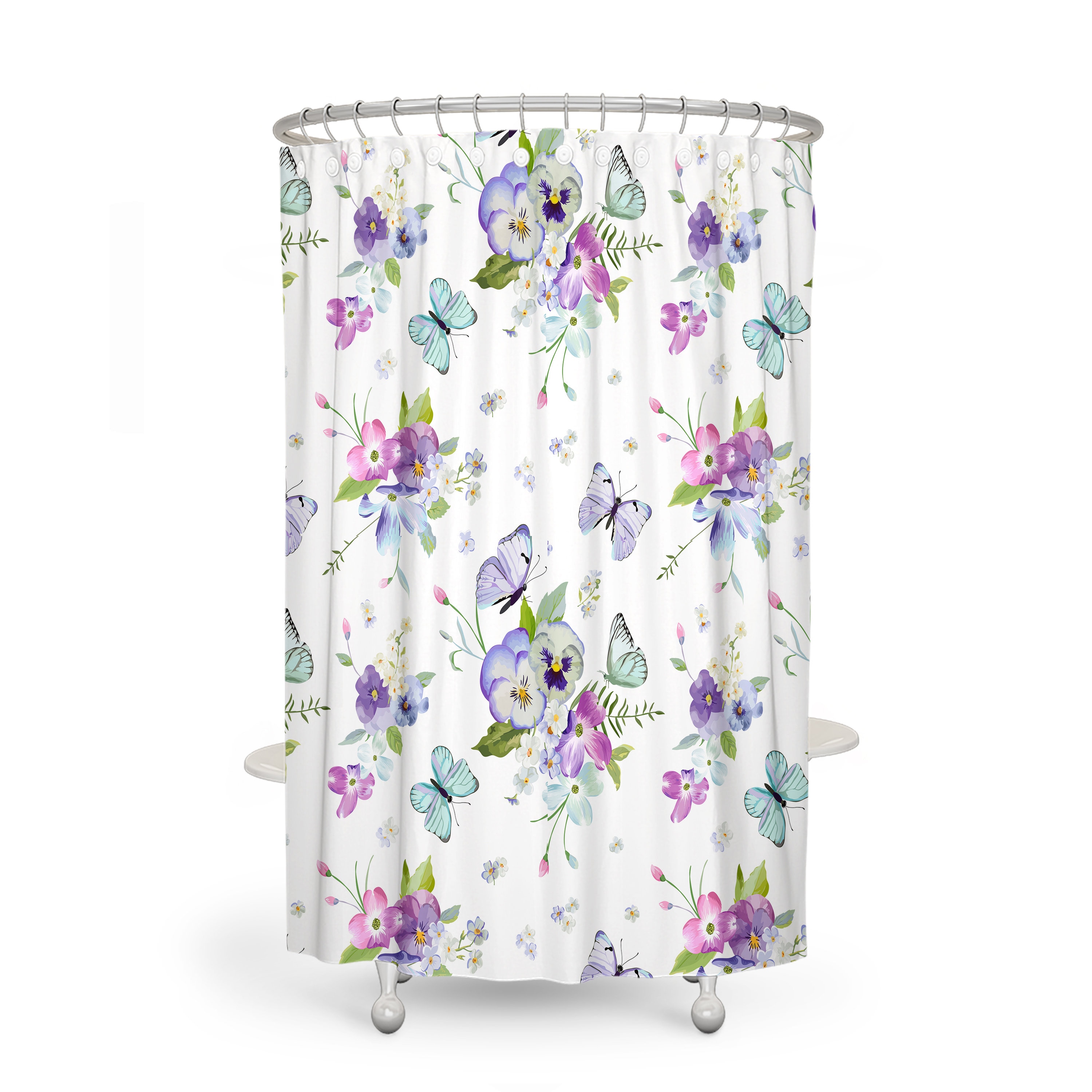 Pansy and Butterfly Floral Shower Curtain Set with Towels and Mat - Image 3