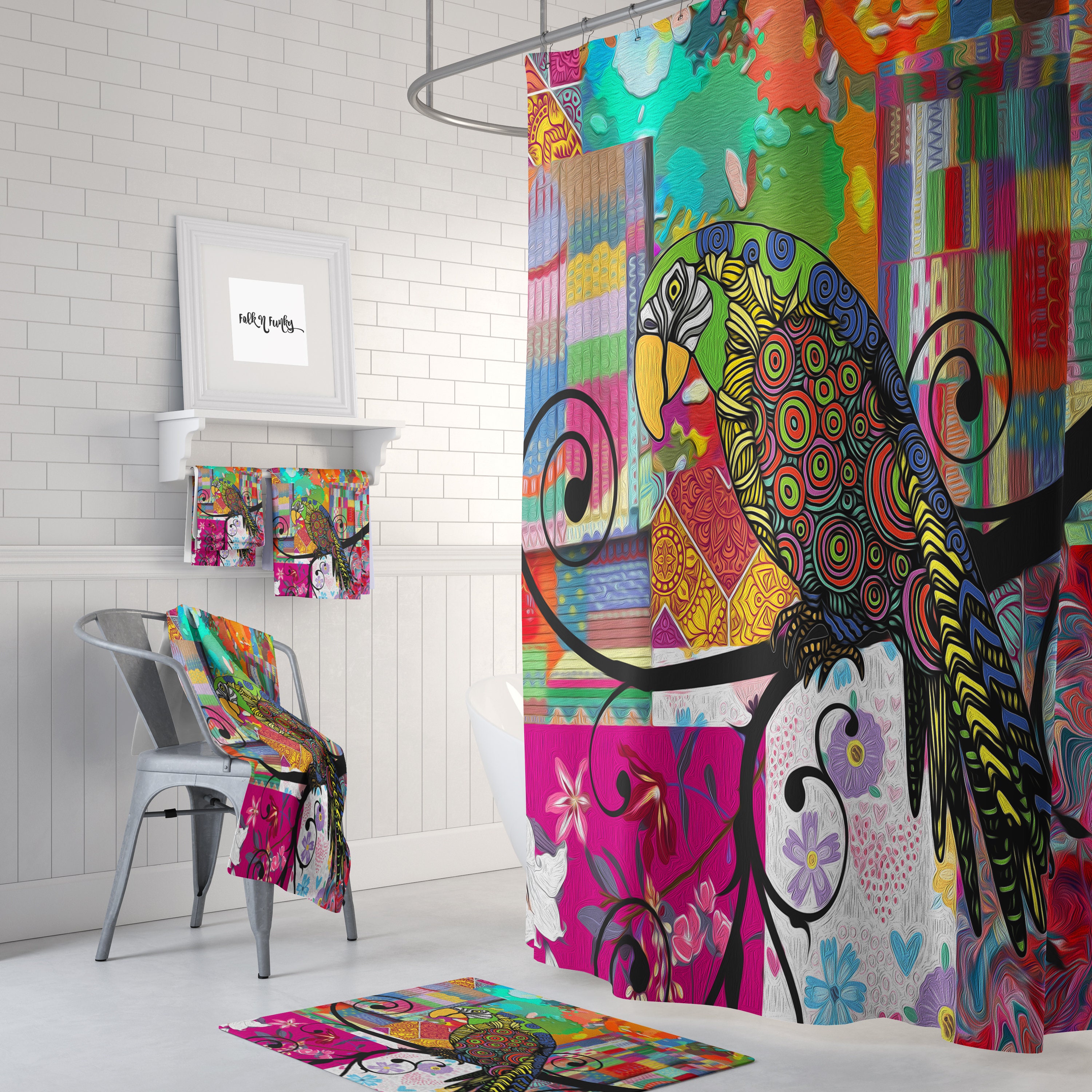 Parrot Shower Cutain, Boho Maximalist Bathroom Decor with Print Shower Curtain Print