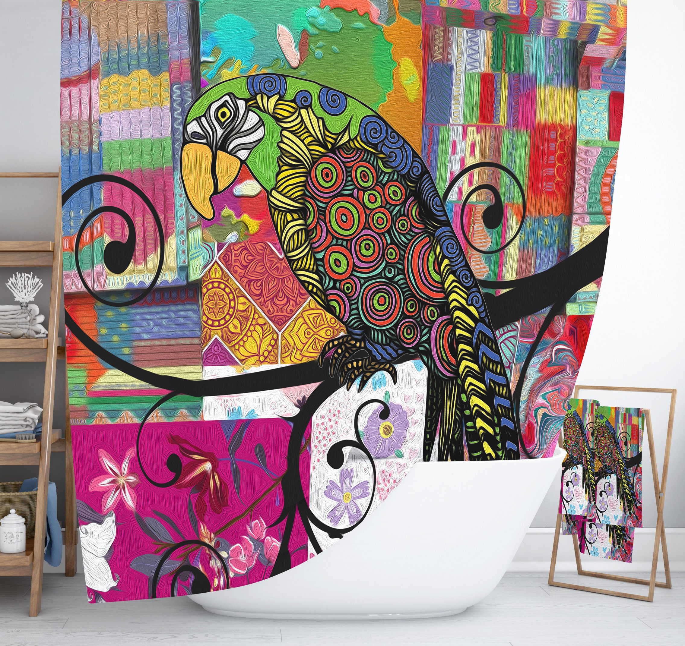 Parrot Shower Cutain, Boho Maximalist Bathroom Decor with Print Shower Curtain Print - Image 2