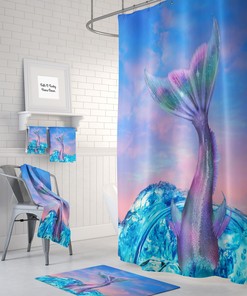 Pastel Ocean Sky Mermaid Tail Shower Curtain Bath Set, Add Dreaminess to Your Bathroom
