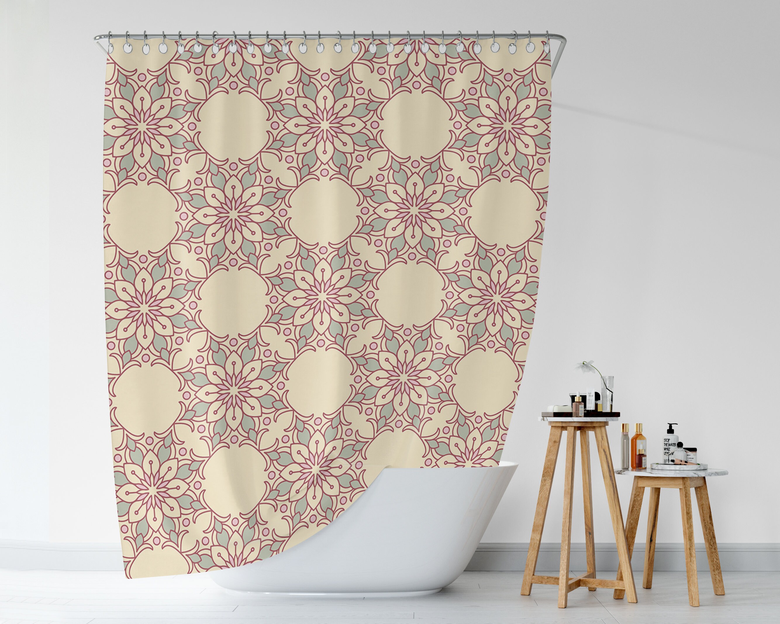 Pastel Pinks Mandala Tiles Shower Curtain, Boho Eclectic Bathroom Print, Bohemian Geometric Design, Home Gift Idea
