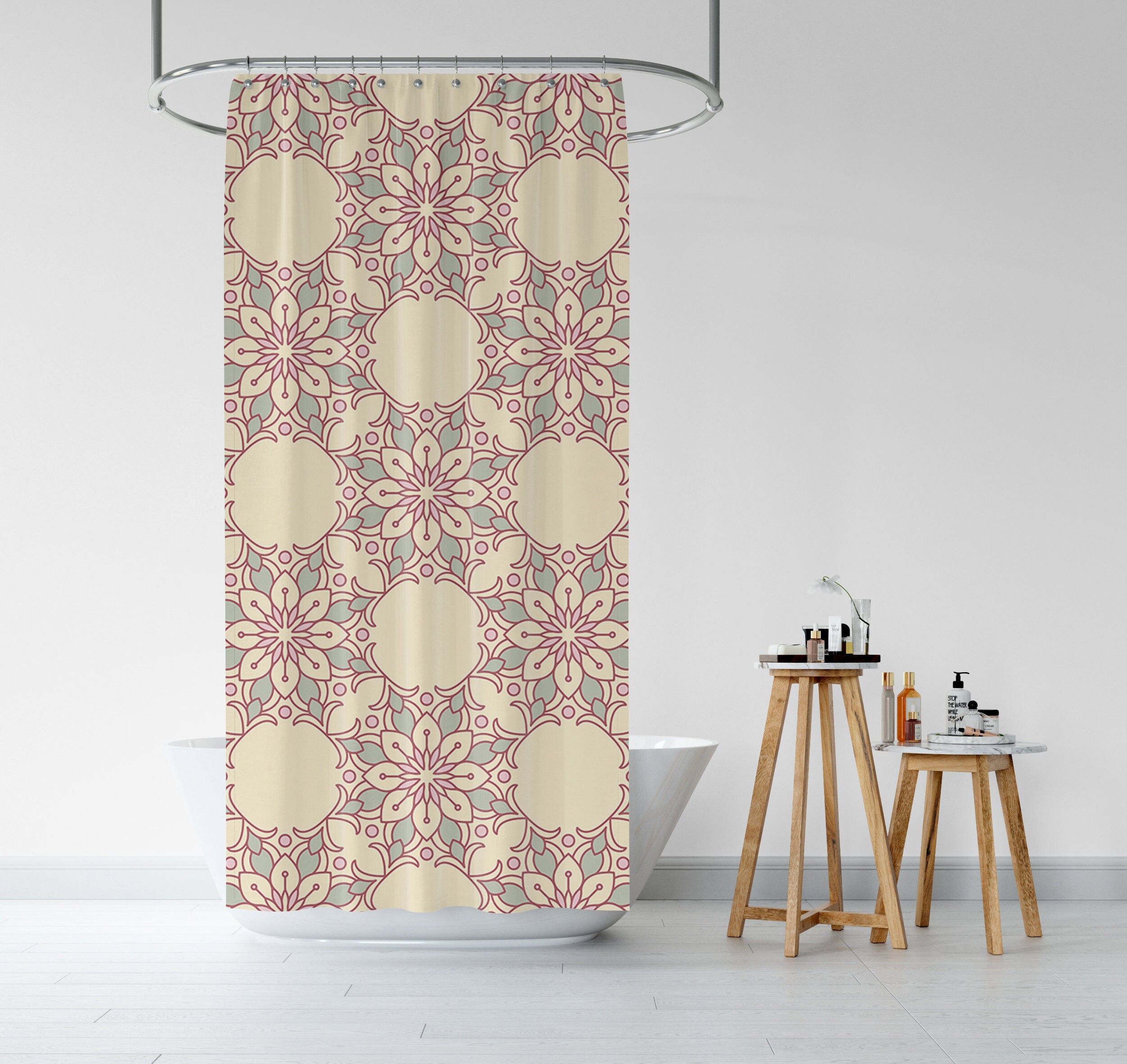 Pastel Pinks Mandala Tiles Shower Curtain, Boho Eclectic Bathroom Print, Bohemian Geometric Design, Home Gift Idea - Image 3