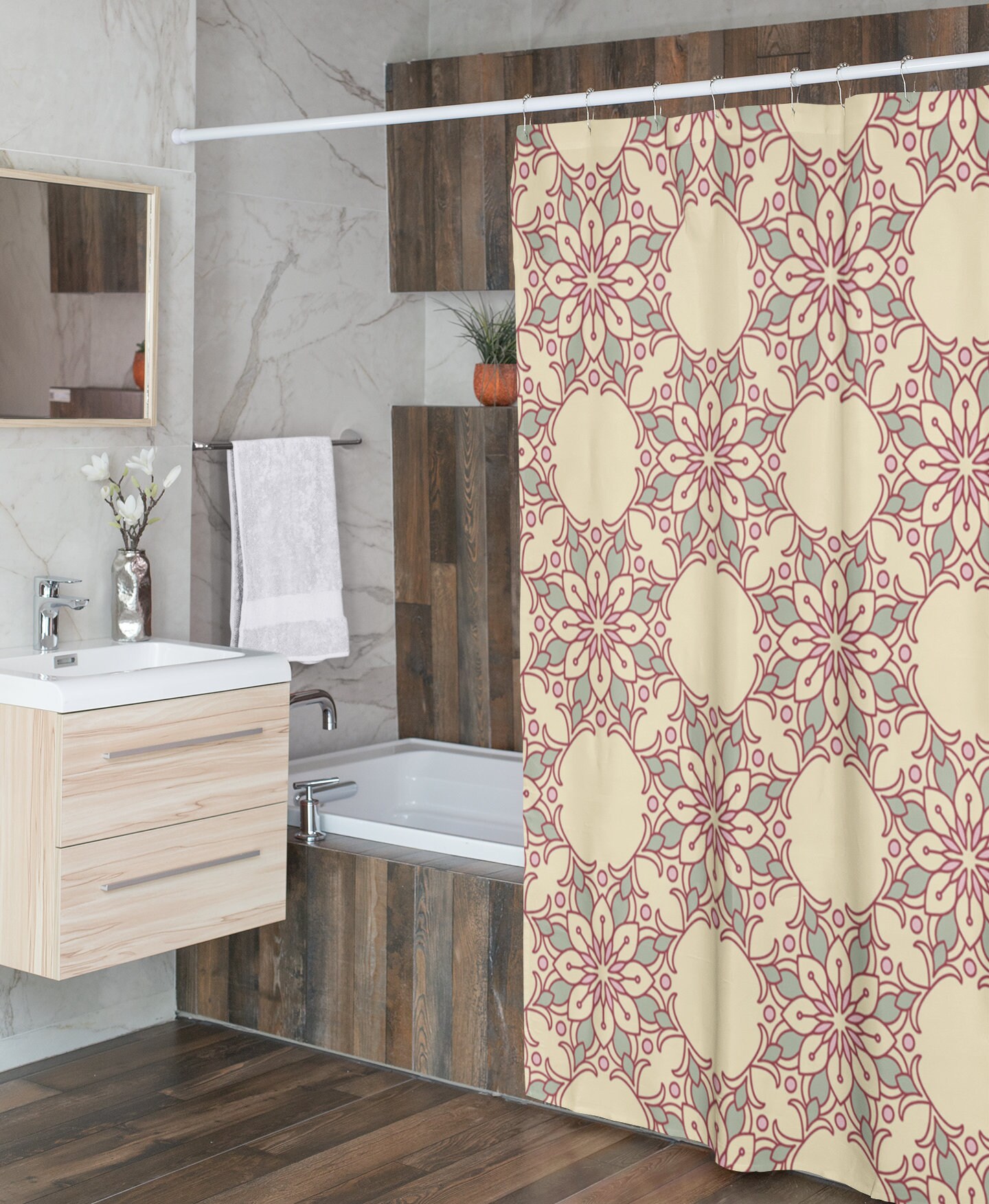 Pastel Pinks Mandala Tiles Shower Curtain, Boho Eclectic Bathroom Print, Bohemian Geometric Design, Home Gift Idea - Image 4