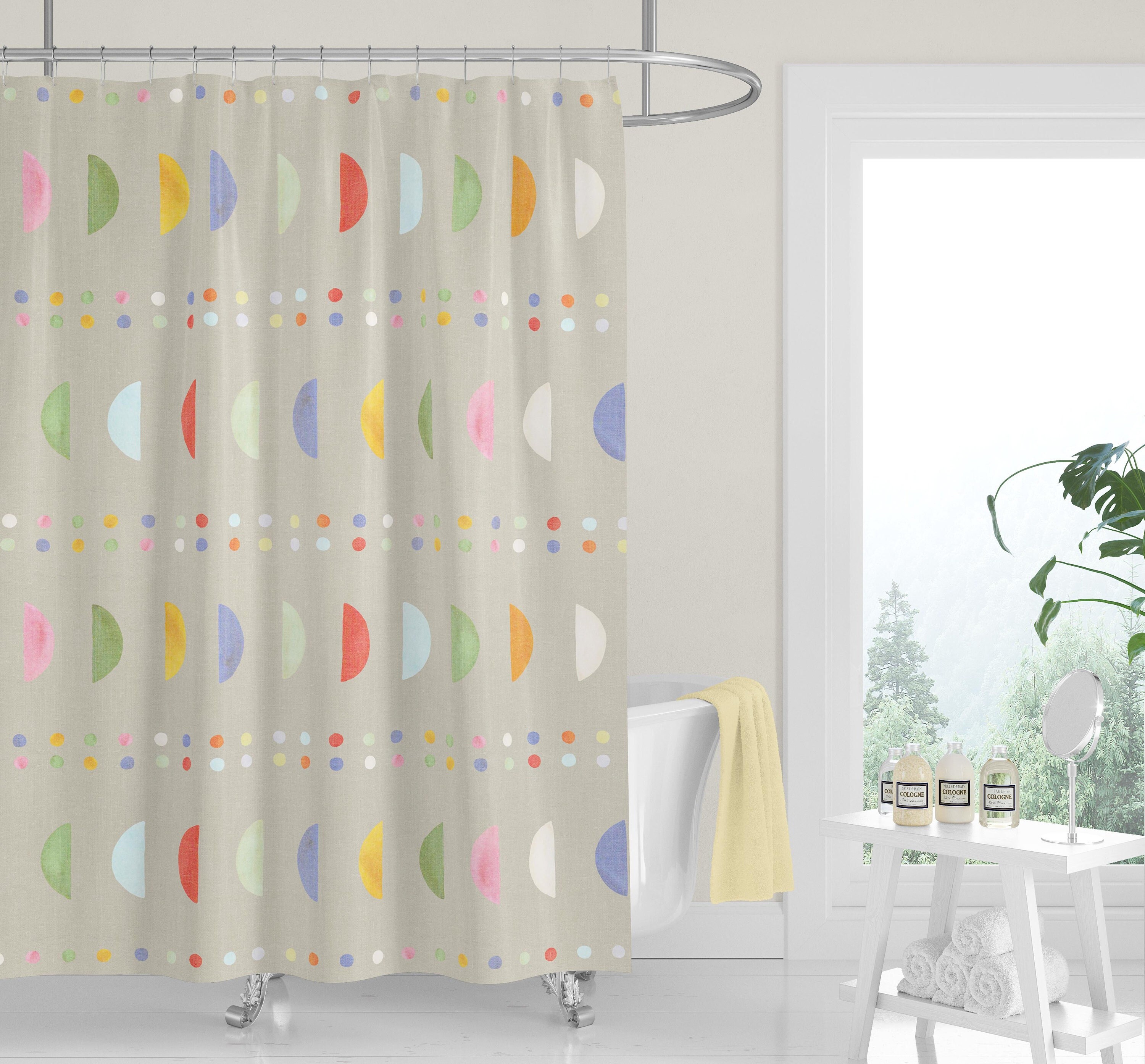 Pastel Watercolor Boho Dots Shower Curtain / Beige Fabric Bath Curtain / Minimalist Design