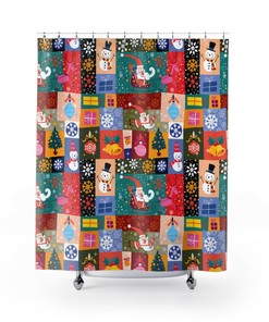 Patchwork Shower Curtain | Retro Santa Claus Christmas Bathroom Decor for Kids | Cute Indoor Christmas Decor