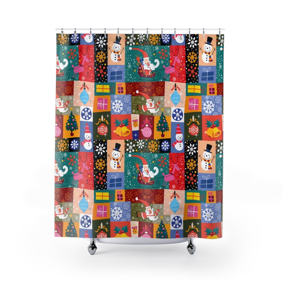 Patchwork Shower Curtain | Retro Santa Claus Christmas Bathroom Decor for Kids | Cute Indoor Christmas Decor