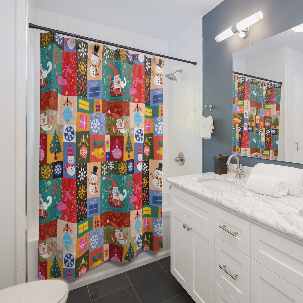 Patchwork Shower Curtain | Retro Santa Claus Christmas Bathroom Decor for Kids | Cute Indoor Christmas Decor - Image 2