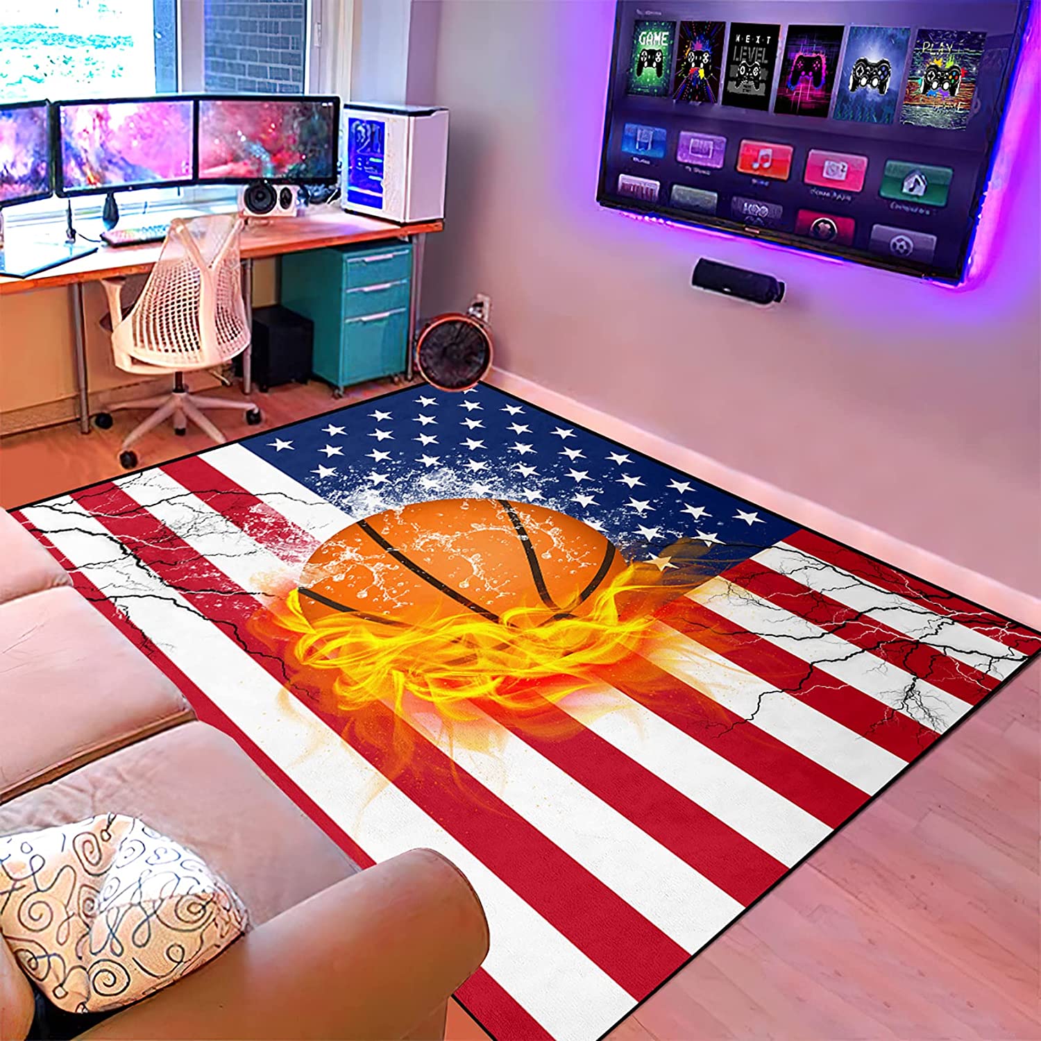 Patriotic American Flag Basketball Rug - Perfect Basketball Room Decor for Boys Bedroom and Living Room