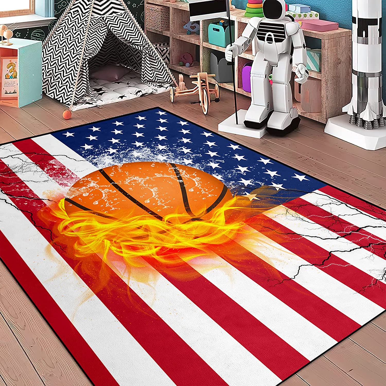 Patriotic American Flag Basketball Rug - Perfect Basketball Room Decor for Boys Bedroom and Living Room - Image 2