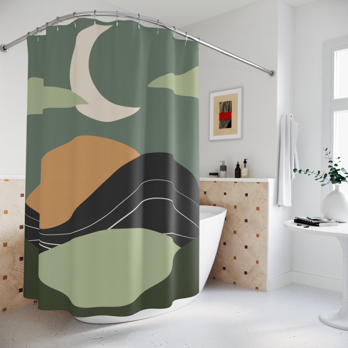 Peaceful Meditation Minimalistic Apartment Shower Curtain | Moon Yoga Warm Natural Colors