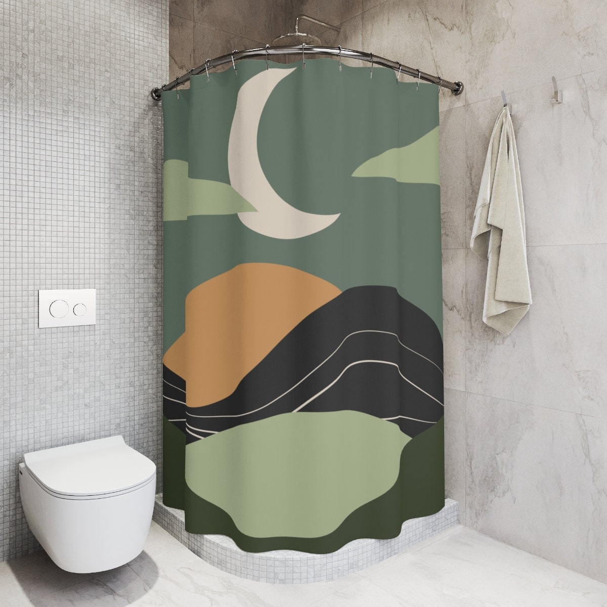 Peaceful Meditation Minimalistic Apartment Shower Curtain | Moon Yoga Warm Natural Colors - Image 2
