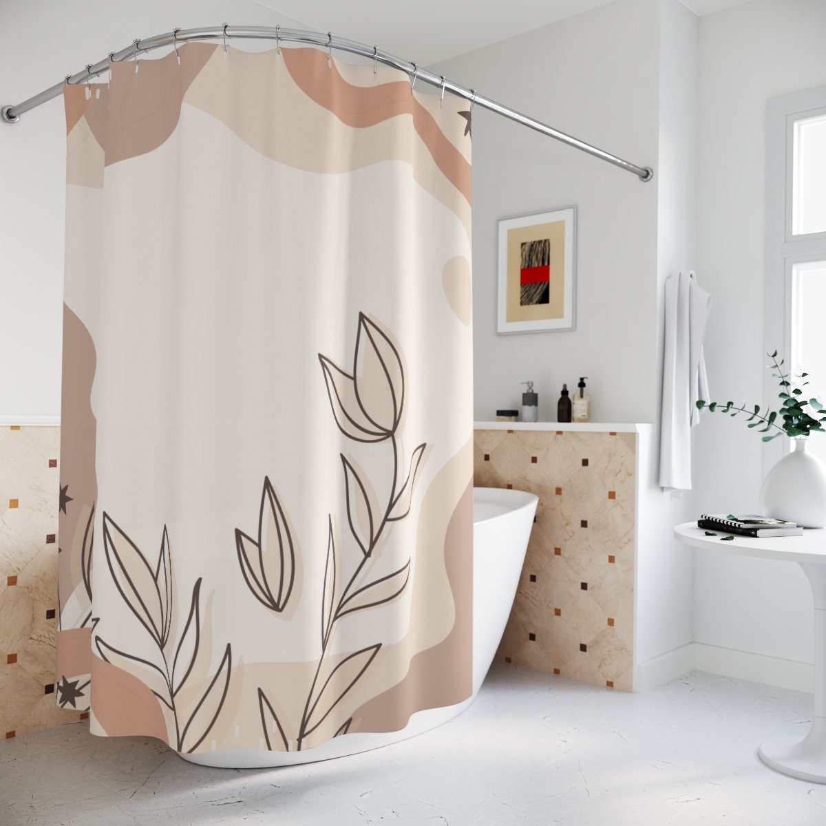 Peaceful & Neutral Warm Earth Colors Boho Abstract Pattern Shower Curtain or Mat, Leaves Contemporary Art