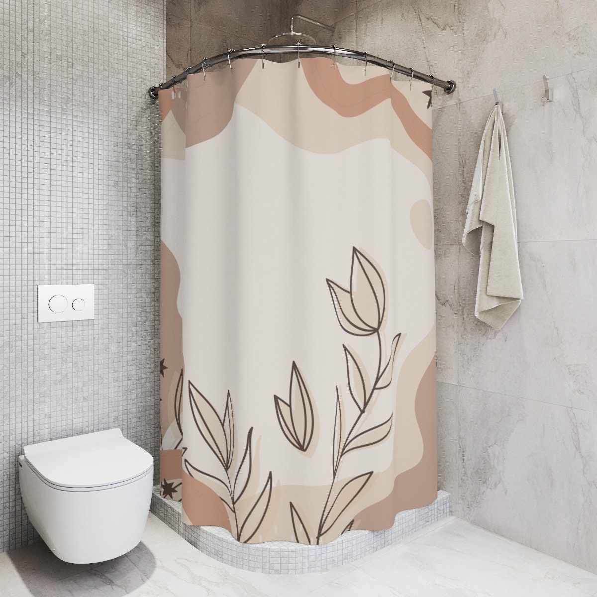 Peaceful & Neutral Warm Earth Colors Boho Abstract Pattern Shower Curtain or Mat, Leaves Contemporary Art - Image 2