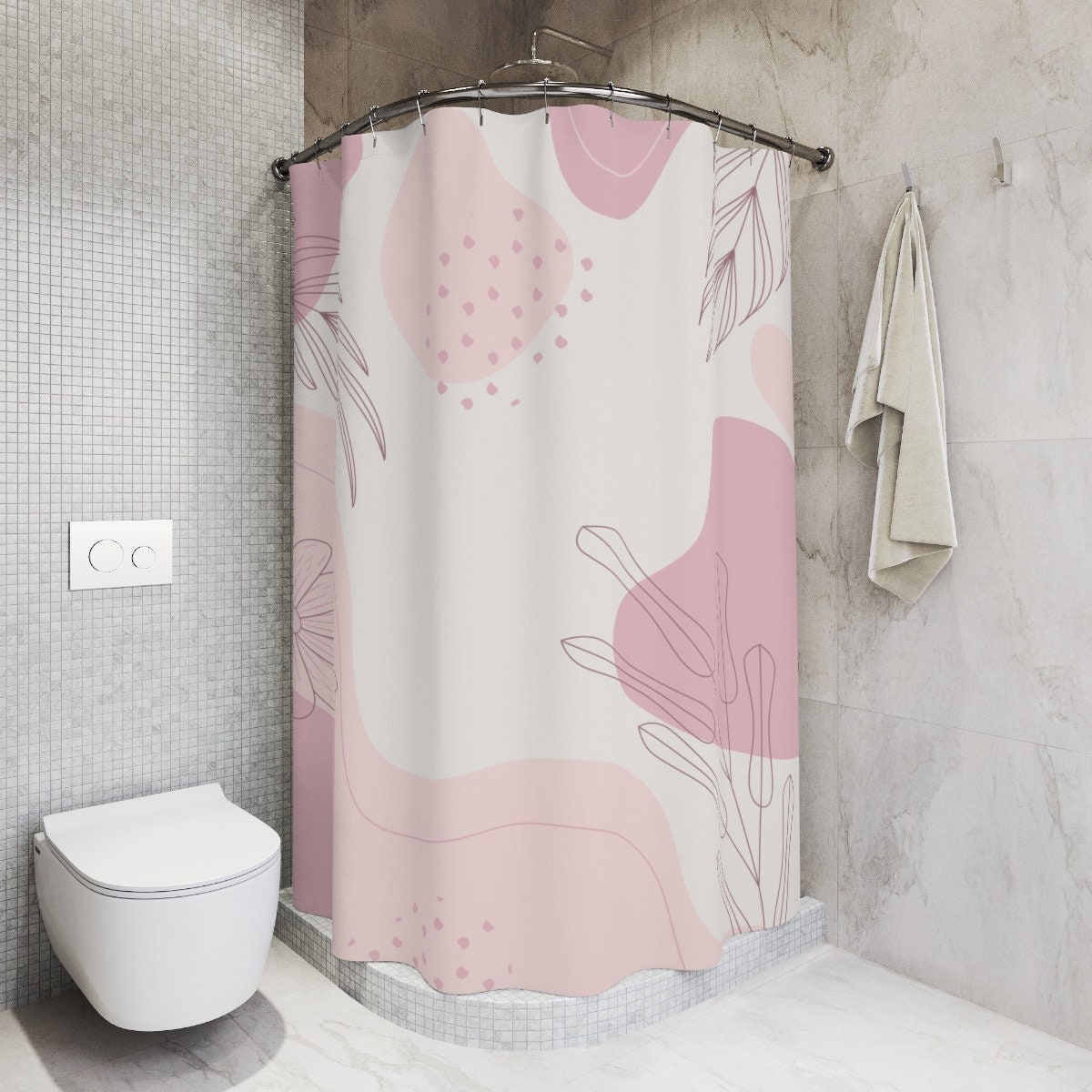 Peaceful Watercolor Leaves Pink Abstract Art Shower Curtain with Neutral Warm Earth Strokes Colors Design - Image 2
