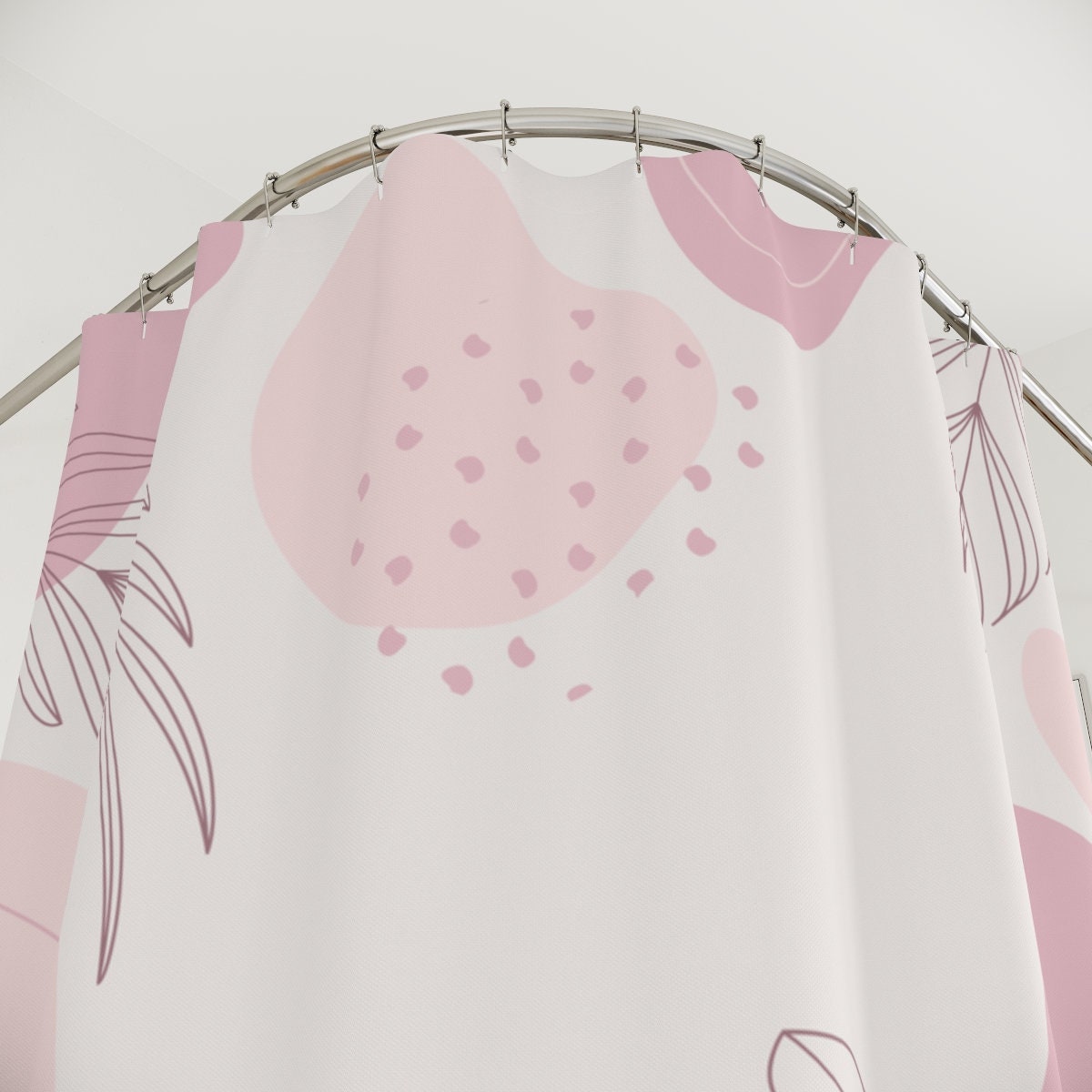 Peaceful Watercolor Leaves Pink Abstract Art Shower Curtain with Neutral Warm Earth Strokes Colors Design - Image 3