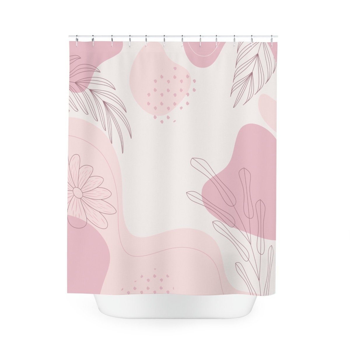 Peaceful Watercolor Leaves Pink Abstract Art Shower Curtain with Neutral Warm Earth Strokes Colors Design - Image 4